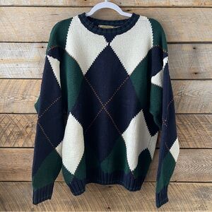 Vintage New River Co 90s Sweater Mens XL X-Large Blue Green Argyle Knit Chunky